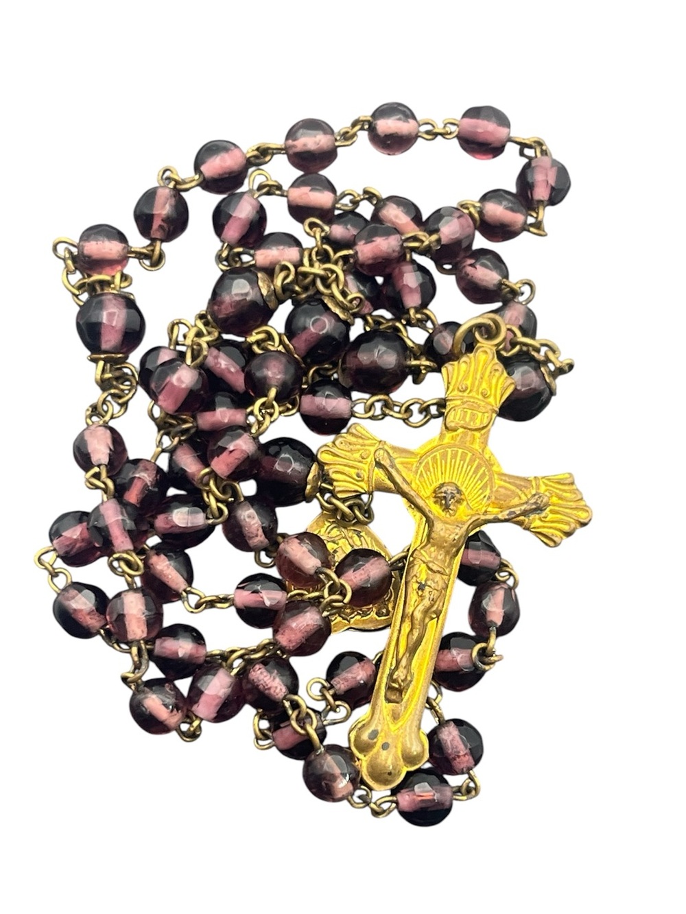 Purple beaded Catholic rosary necklace gold tone cross vintage Jesus religious